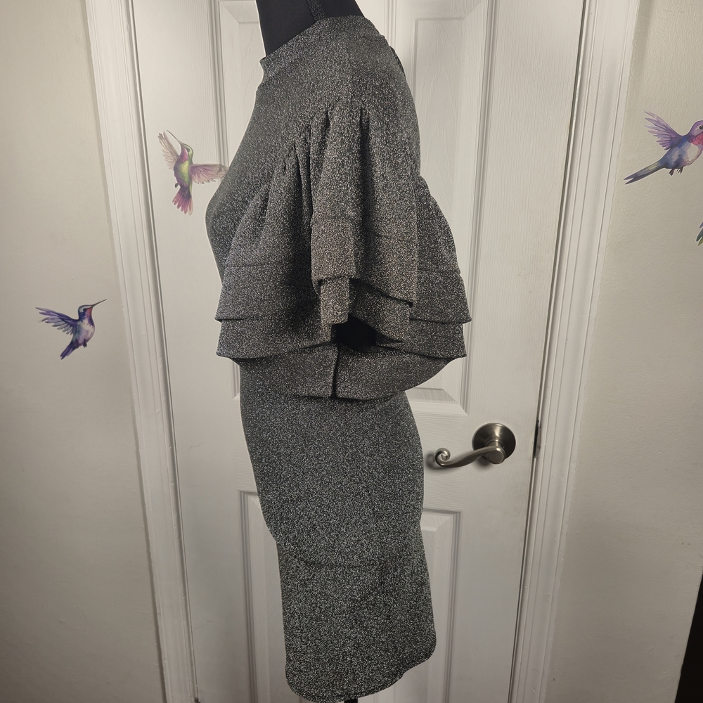 A3 Design Silver Metallic Lurex Tiered Ruffle Sleeve Bodycon Mini Dress Small - Picture 4 of 7